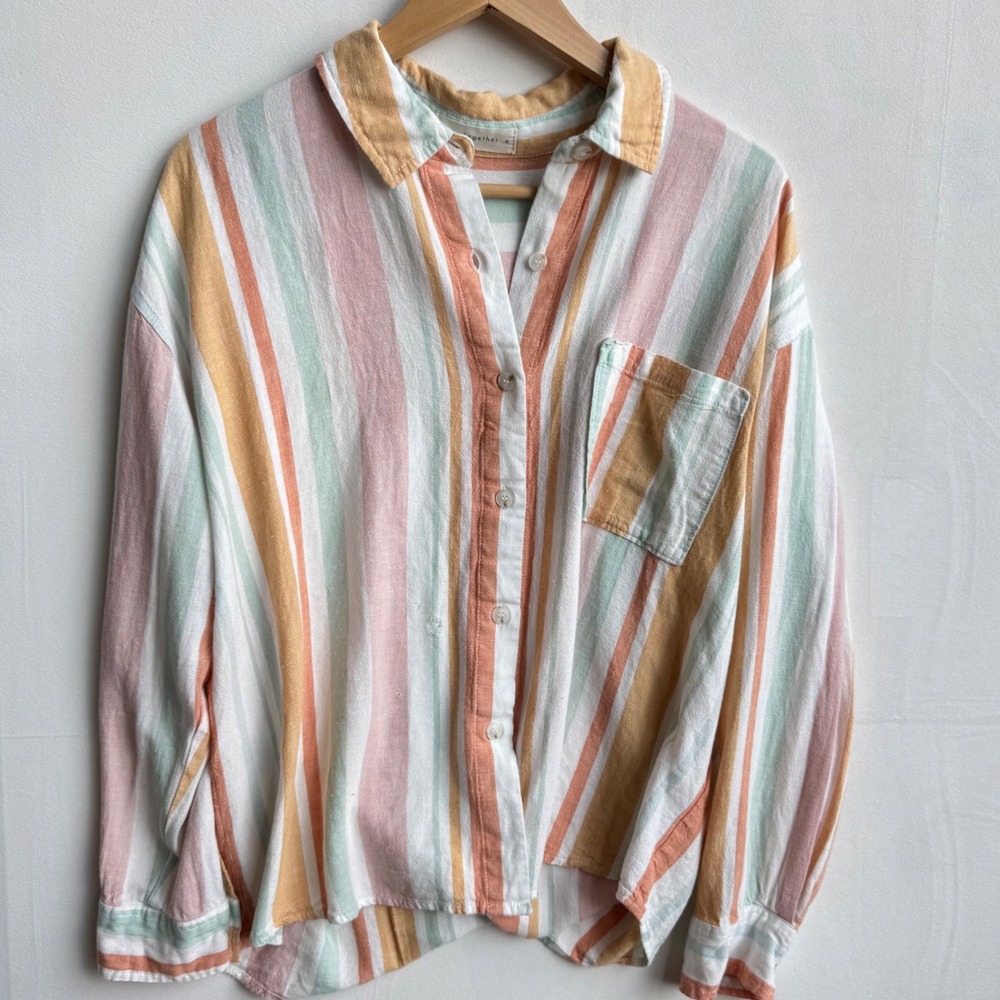 By Together Women Pastel Striped Linen Blend Button Down Shirt Orange Pink M